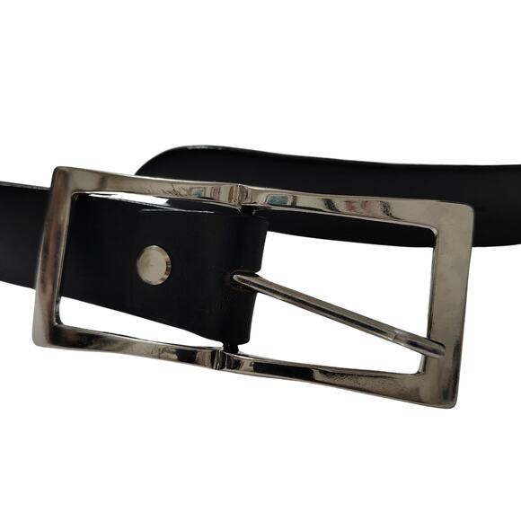 Italian Made Black Leather Belt Rectangular Silver Pull Through Buckle Size 32 - Picture 3 of 6
